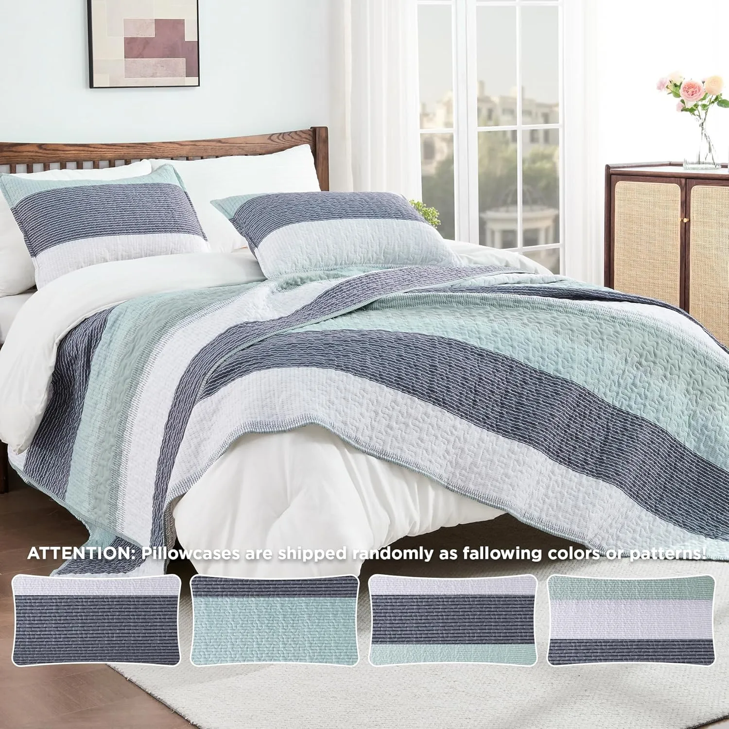 Andency Stripe Quilt Set Cal King(104x112 Inch), 3 Pieces (1 Striped Quilt and 2 Pillowcases) Patchwork Bedspread Coverlet Set, Lightweight Soft Microfiber Quilted Bedding Set