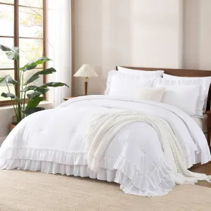 Andency White Ruffle Comforter Full Set, 3pcs Vintage Farmhouse Shabby Chic Bedding Comforter Set, Soft Lightweight Fluffy Bed Comforter Sets All Season Bedding Set