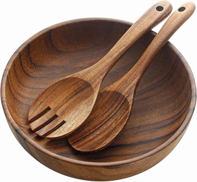 AOOSY Wooden Salad Bowls, Large Acacia Wood Salad Serving Bowl with Serving Tongs, 9.3" D x 2.8" H Round Bowls Set for Mixing Fruits Cereal Pasta