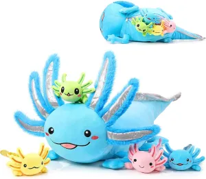 Aoriher 5 Pcs Axolotl Plush Set 24 Inch Mommy Axolotl Stuffed Animal with 4 Cute Plush Babies in Belly Soft Cuddly Plushie for Kids Sleeping Birthday Graduation Gift Party Favors(Blue)