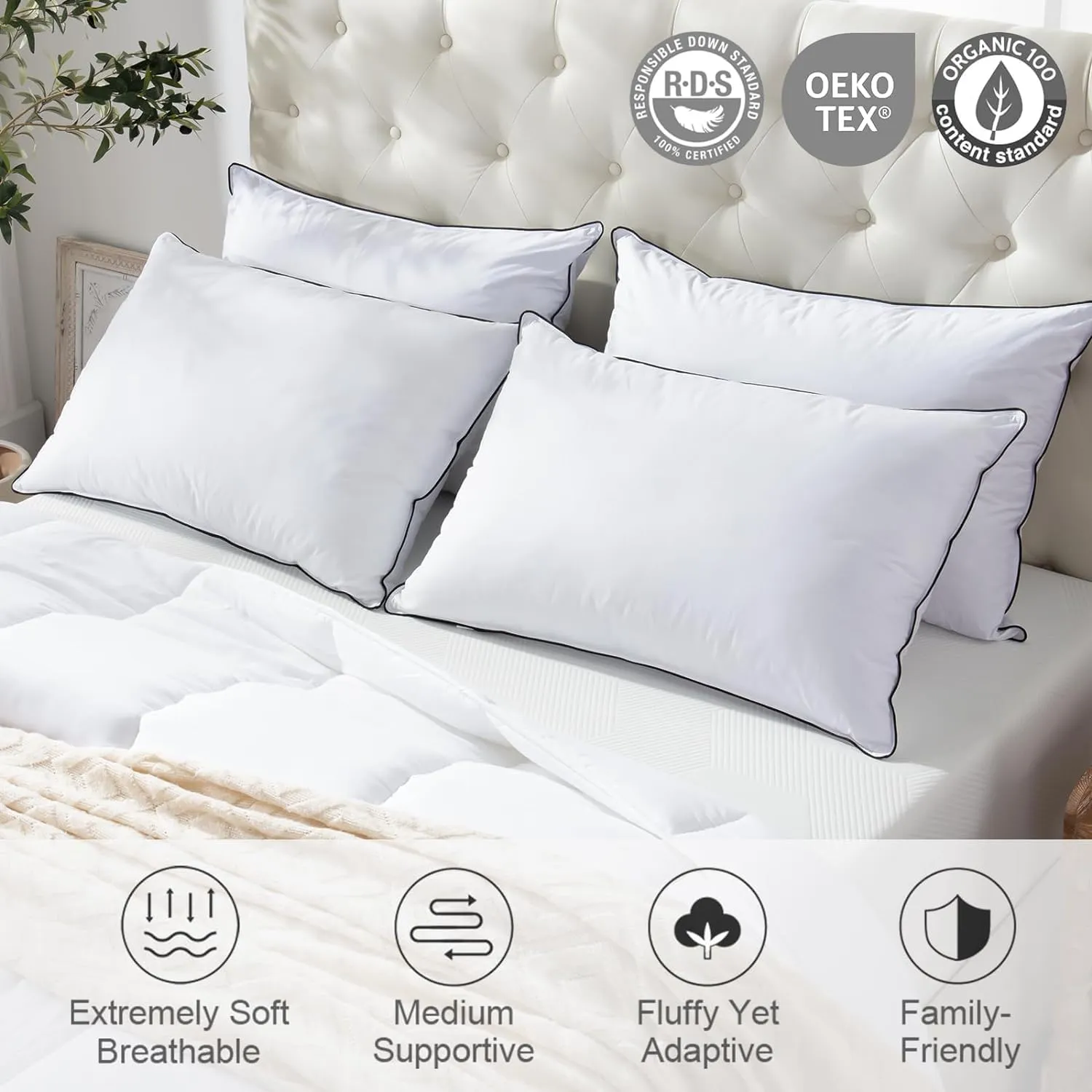 APSMILE Medium Firm Feathers Down/Poly Pillow King Size Set of 2, Luxury Feather Pillow for Sleeping, 100% Organic Cotton Cover Hotel Bed Pillow Wrapped in Polyester (White, 20"x36")
