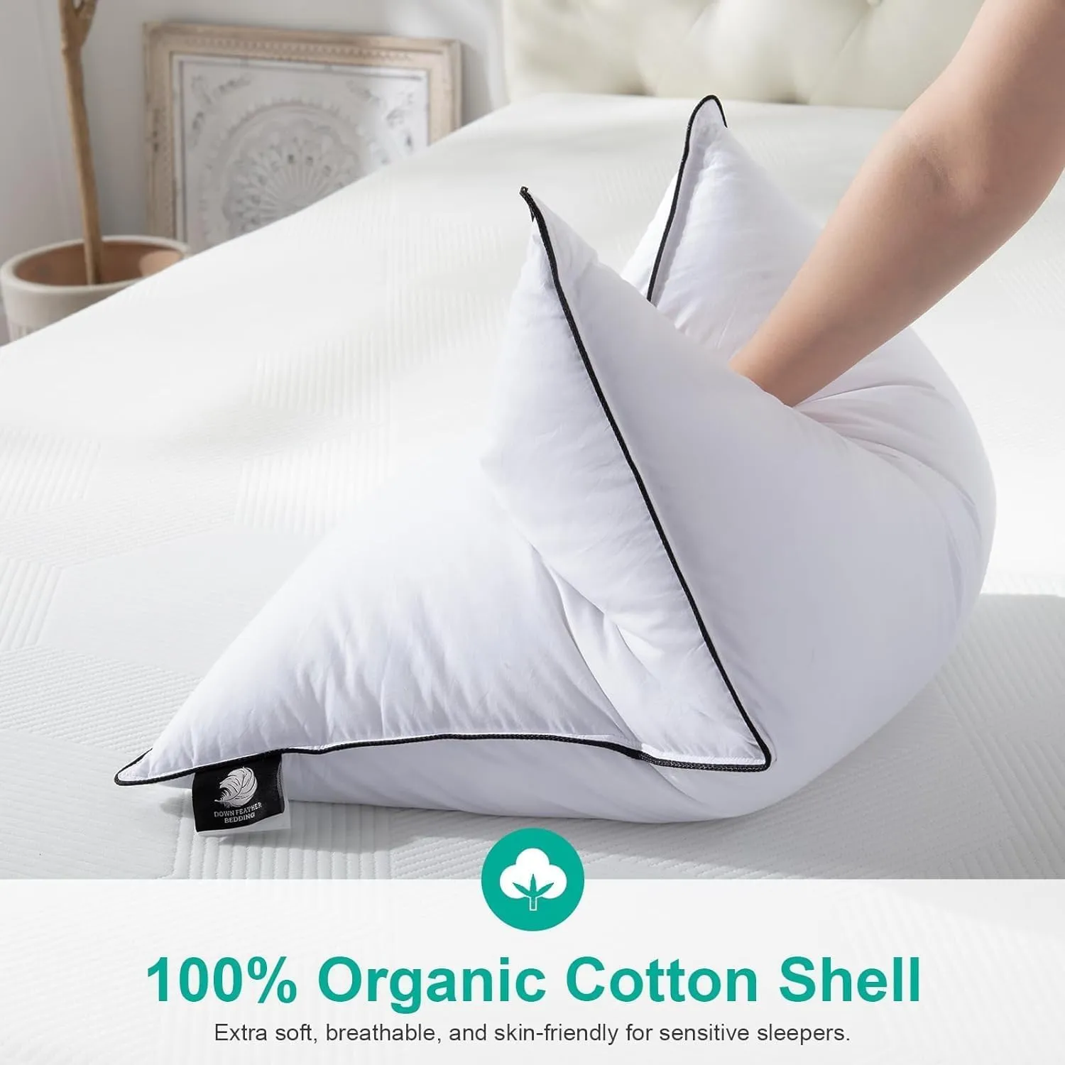 APSMILE Medium Firm Feathers Down/Poly Pillow King Size Set of 2, Luxury Feather Pillow for Sleeping, 100% Organic Cotton Cover Hotel Bed Pillow Wrapped in Polyester (White, 20"x36")