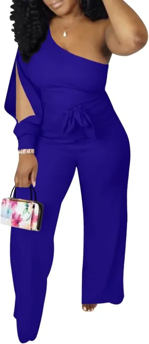 Aro Lora Women's Sexy One Shoulder Slit Sleeve High Waist One Piece Pant Outfit Wide Leg Jumpsuit Romper