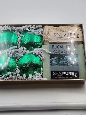 Aromatherapy Gift Set: Eucalyptus Spearmint Artisan soap, 4 Shower Steamers, made with plant based ingredients, steamer bag & soap bag