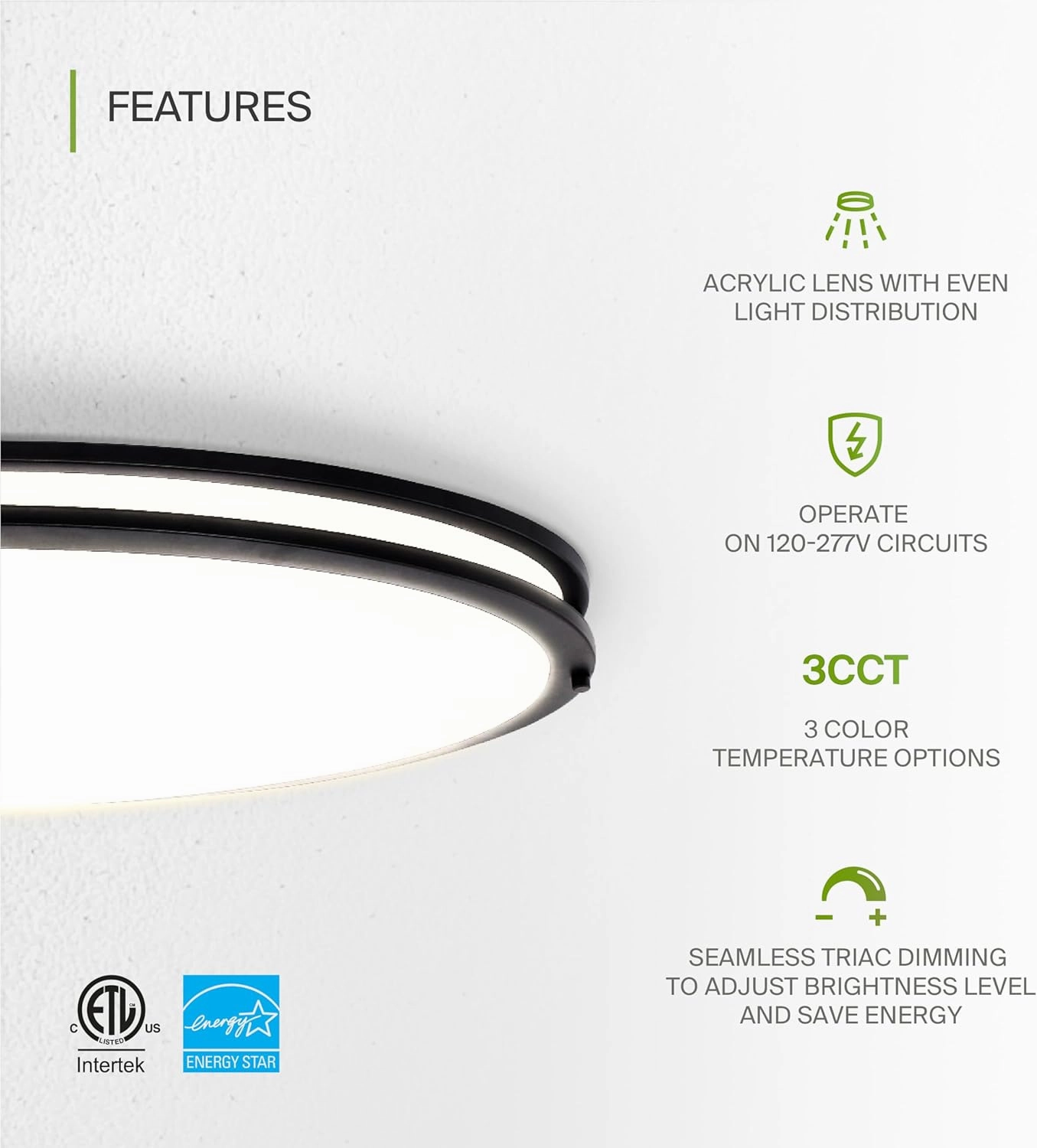 ASD LED 32 Inch Oval Flush Mount Light Fixture | 45W 3750LM 3000K-5000K 100-277V | 3CCT, Dimmable, Energy Star, ETL Listed | Close to Ceiling Double Ring Lamp, Low Profile Lighting | Black