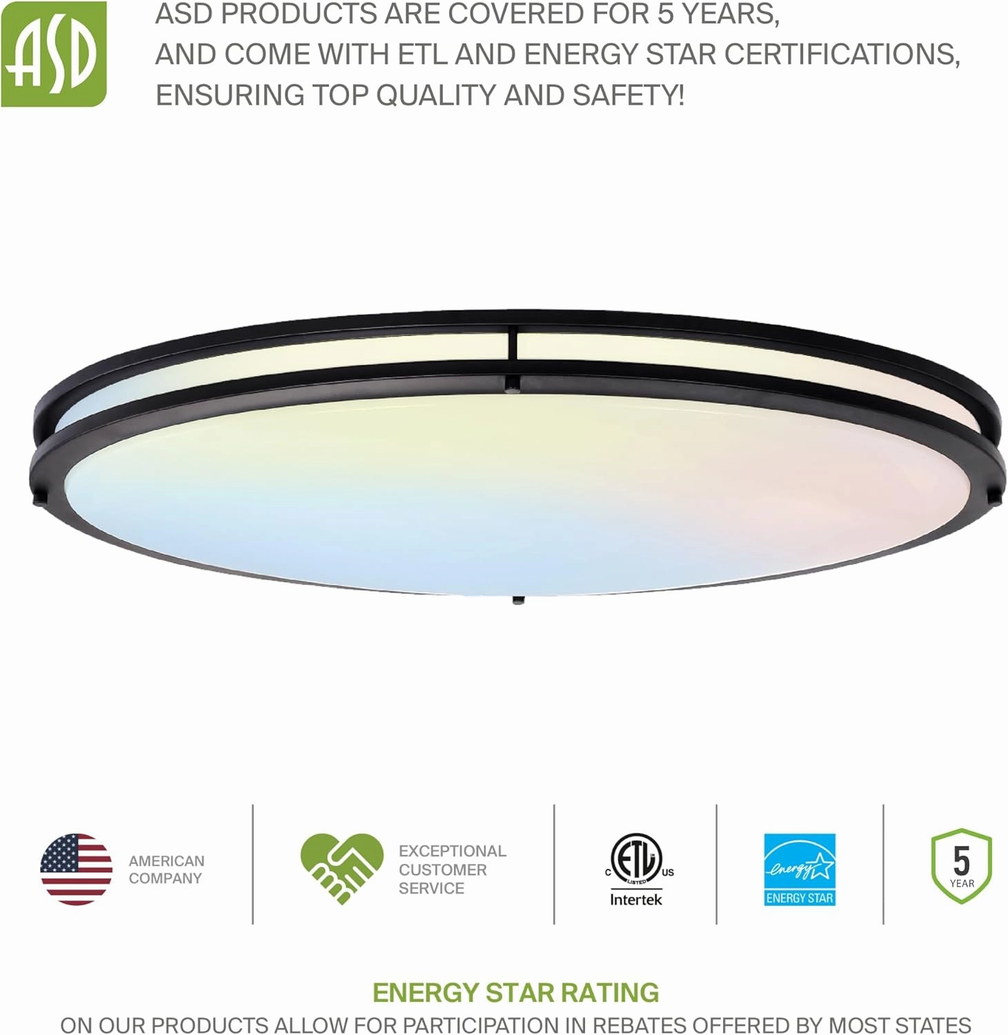 ASD LED 32 Inch Oval Flush Mount Light Fixture | 45W 3750LM 3000K-5000K 100-277V | 3CCT, Dimmable, Energy Star, ETL Listed | Close to Ceiling Double Ring Lamp, Low Profile Lighting | Black