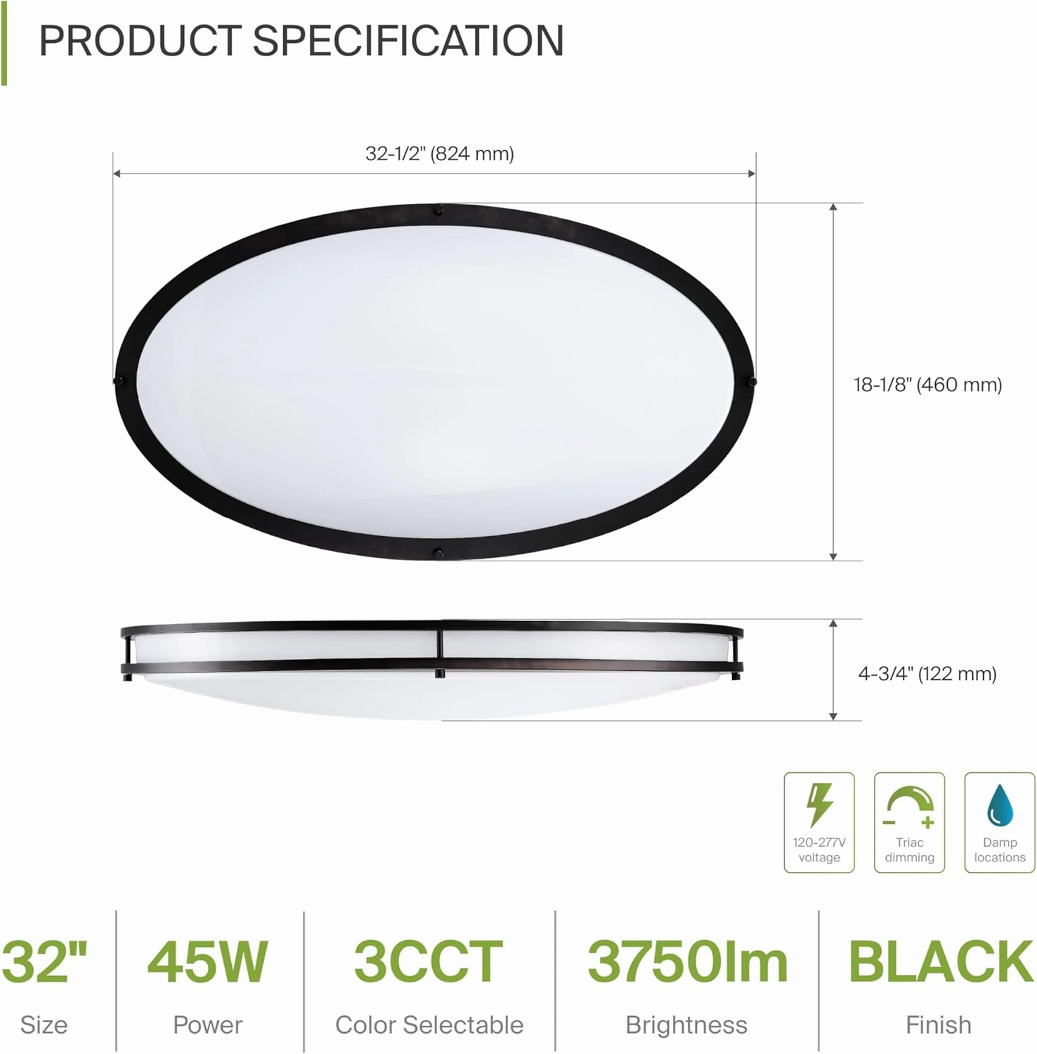 ASD LED 32 Inch Oval Flush Mount Light Fixture | 45W 3750LM 3000K-5000K 100-277V | 3CCT, Dimmable, Energy Star, ETL Listed | Close to Ceiling Double Ring Lamp, Low Profile Lighting | Black