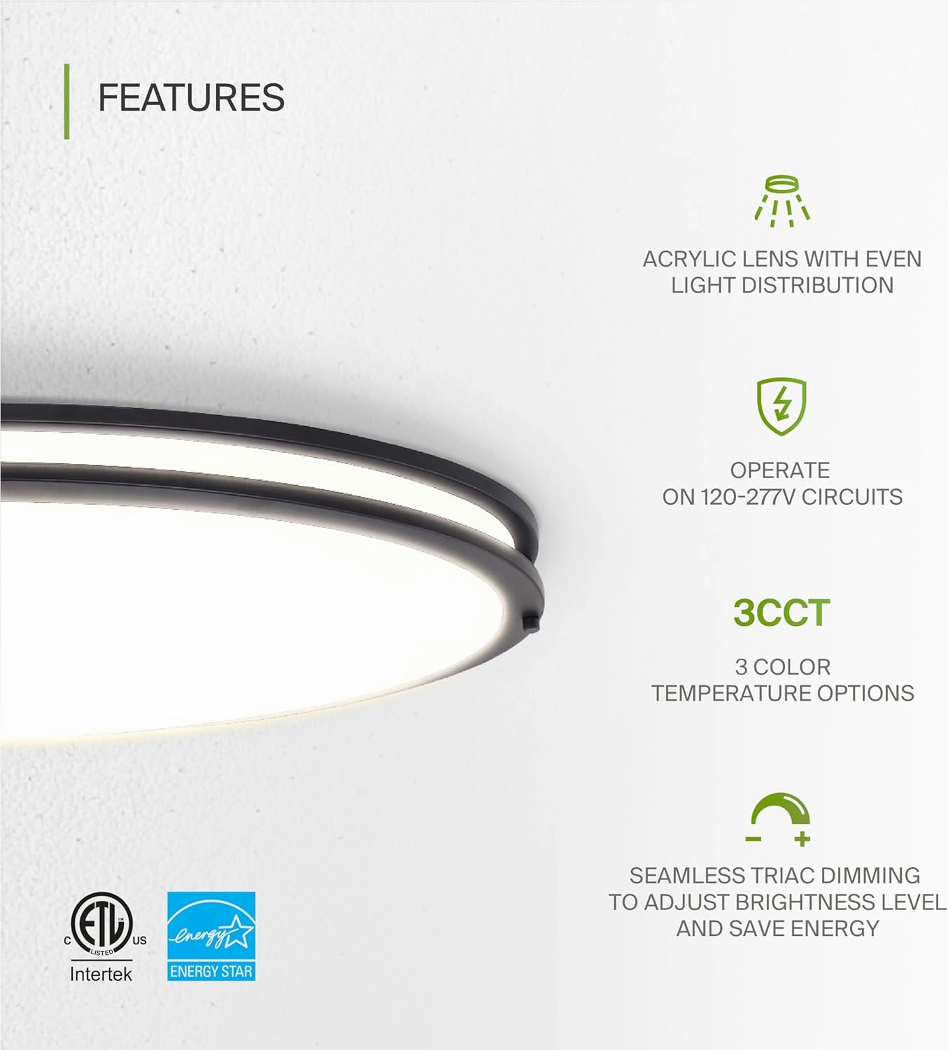 ASD LED 32 Inch Oval Flush Mount Light Fixture | 45W 3750LM 3000K-5000K 100-277V | 3CCT, Dimmable, Energy Star, ETL Listed | Close to Ceiling Double Ring Lamp, Low Profile Lighting | Dark Bronze