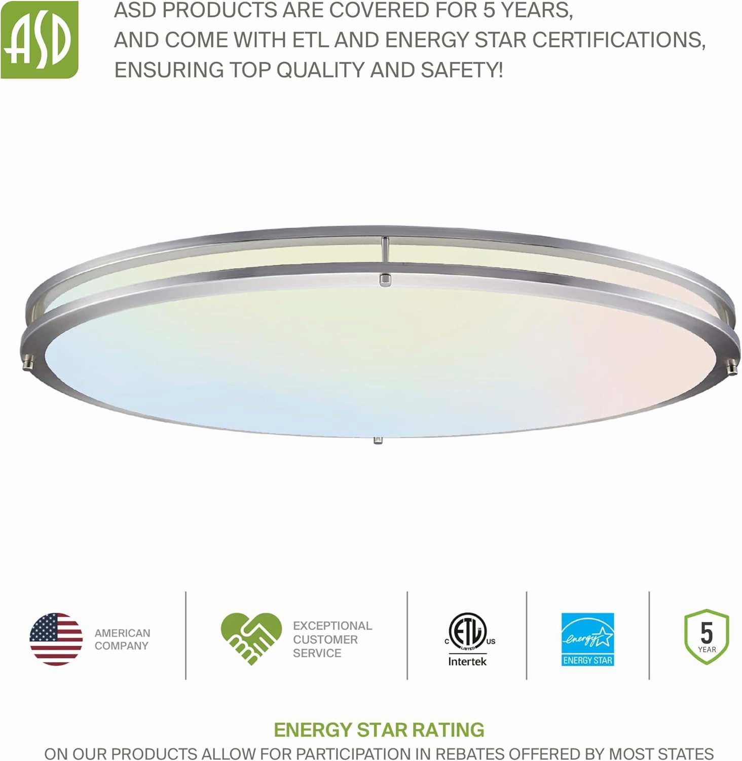 ASD LED 32 Inch Oval Flush Mount Light Fixture | 45W 3750LM 3000K-5000K 100-277V | 3CCT, Dimmable, Energy Star, ETL Listed | Close to Ceiling Double Ring Lamp, Low Profile Lighting | Nickel