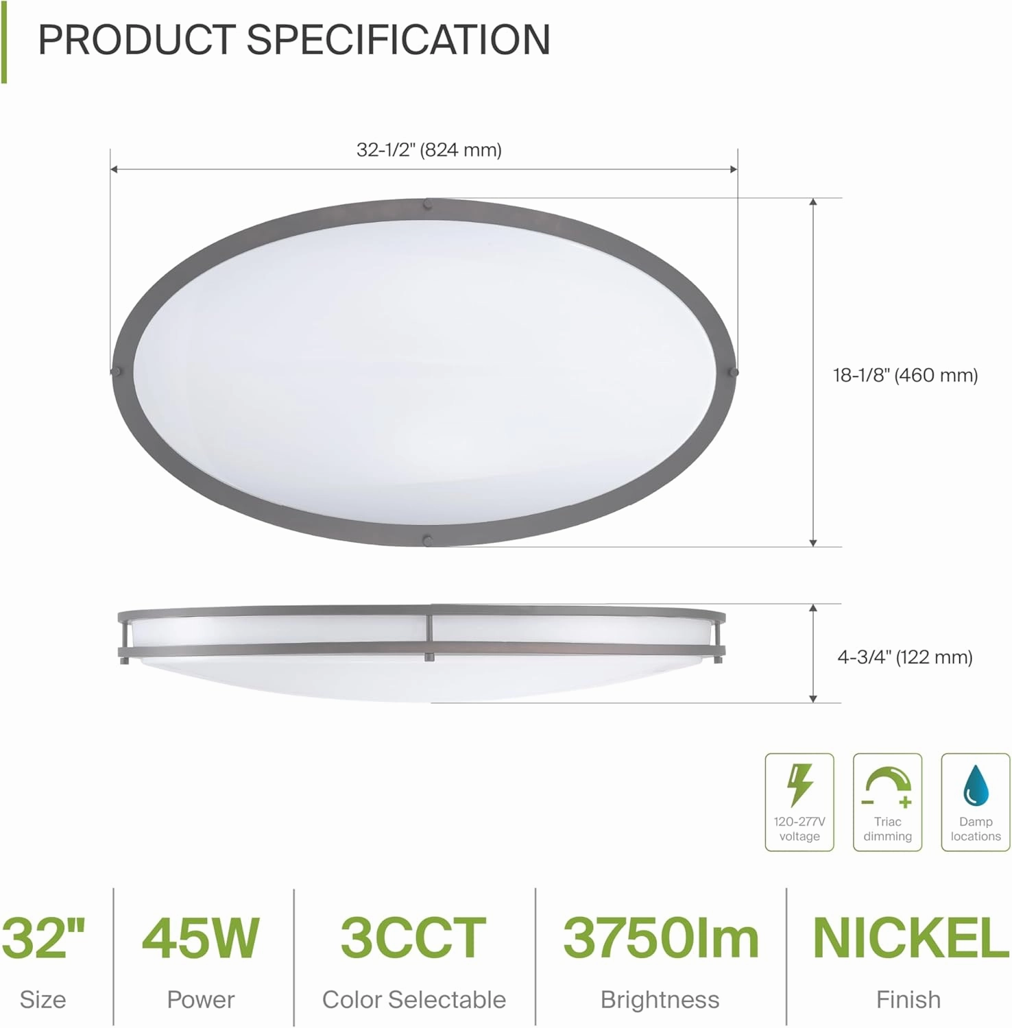 ASD LED 32 Inch Oval Flush Mount Light Fixture | 45W 3750LM 3000K-5000K 100-277V | 3CCT, Dimmable, Energy Star, ETL Listed | Close to Ceiling Double Ring Lamp, Low Profile Lighting | Nickel