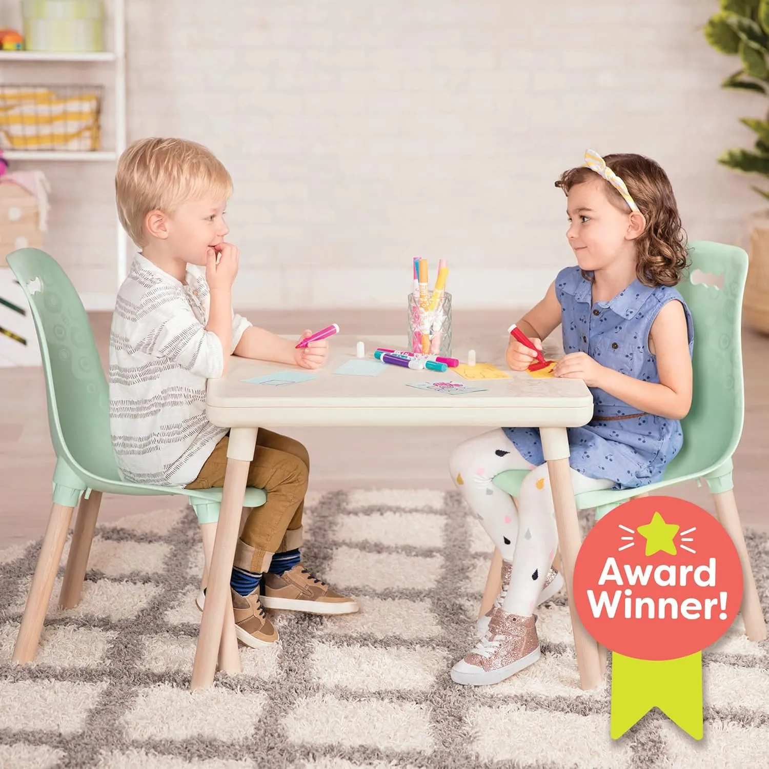 B. toys- B. spaces- Table and Chair Set- Furniture For Toddlers- 1 Craft Table & 2 Chairs- Natural Wooden Legs- Mint- 3 years  
