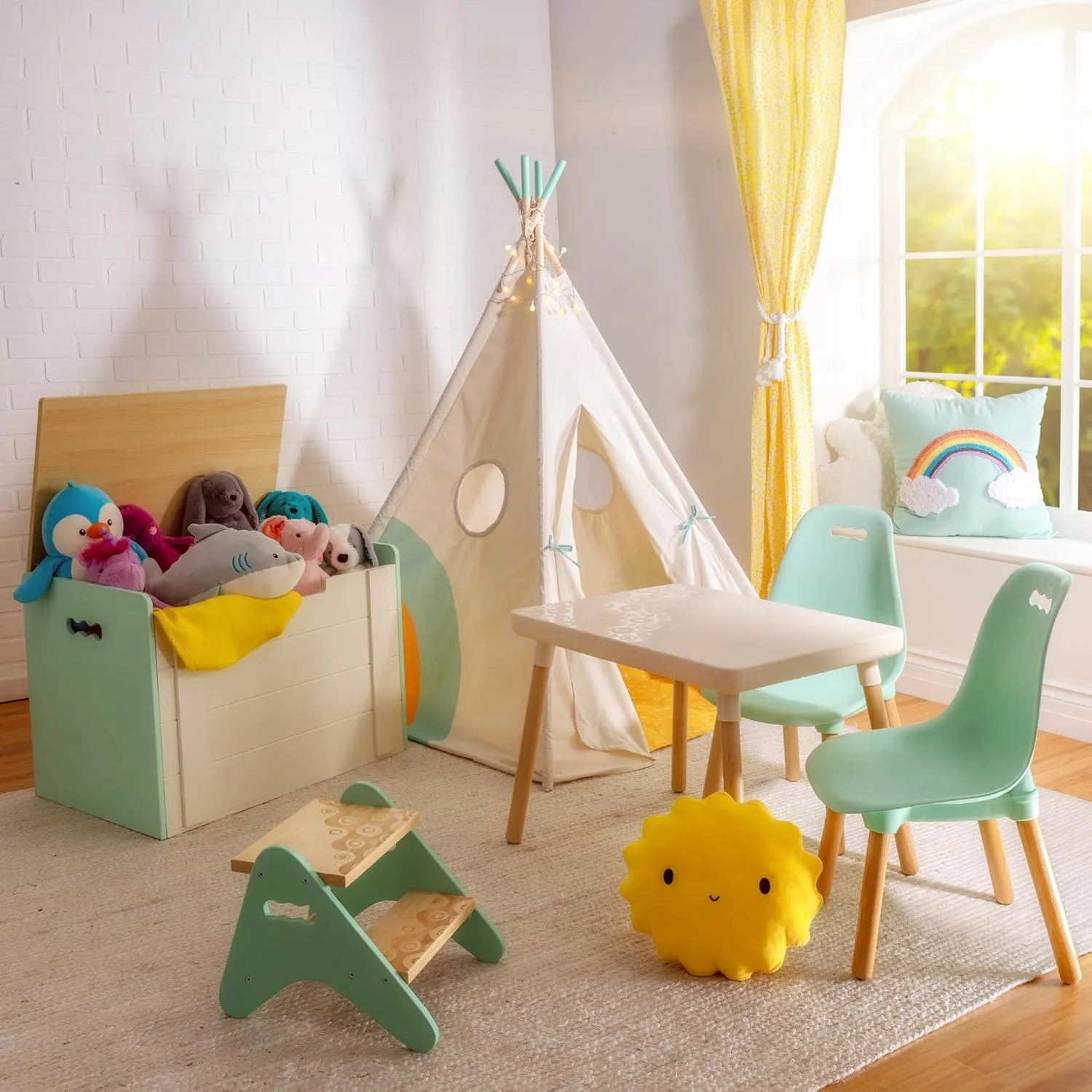 B. toys- B. spaces- Table and Chair Set- Furniture For Toddlers- 1 Craft Table & 2 Chairs- Natural Wooden Legs- Mint- 3 years  