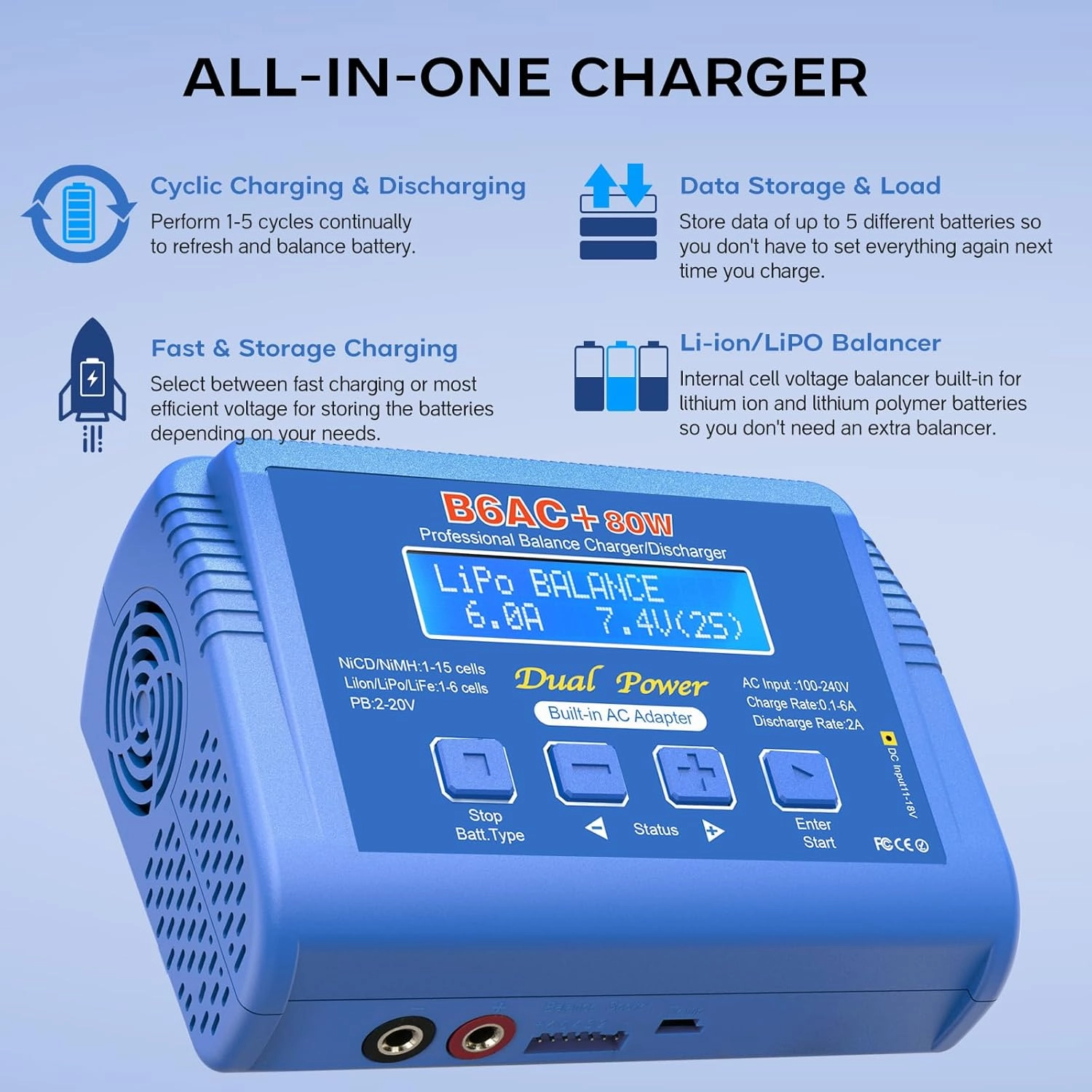 B6AC Balance Battery Charger,B6 AC 80W Lipo Battery Balance Charger 6A Discharger, RC Car Battery Charger for NiMH/NiCD/LiPo/Li-ion LiFePO4