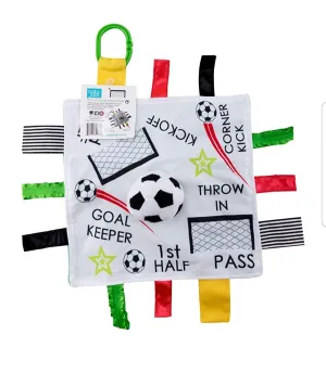 Baby Jack & Co 10x10” Soccer Sports Lovey Sensory Plush Blanket - Tag Toy for Babies - Baby Stroller Toys - Learn Shapes, Letters & Colors - MVP Baby Ball Toy & Baby Sports Gift w/Stroller Clip