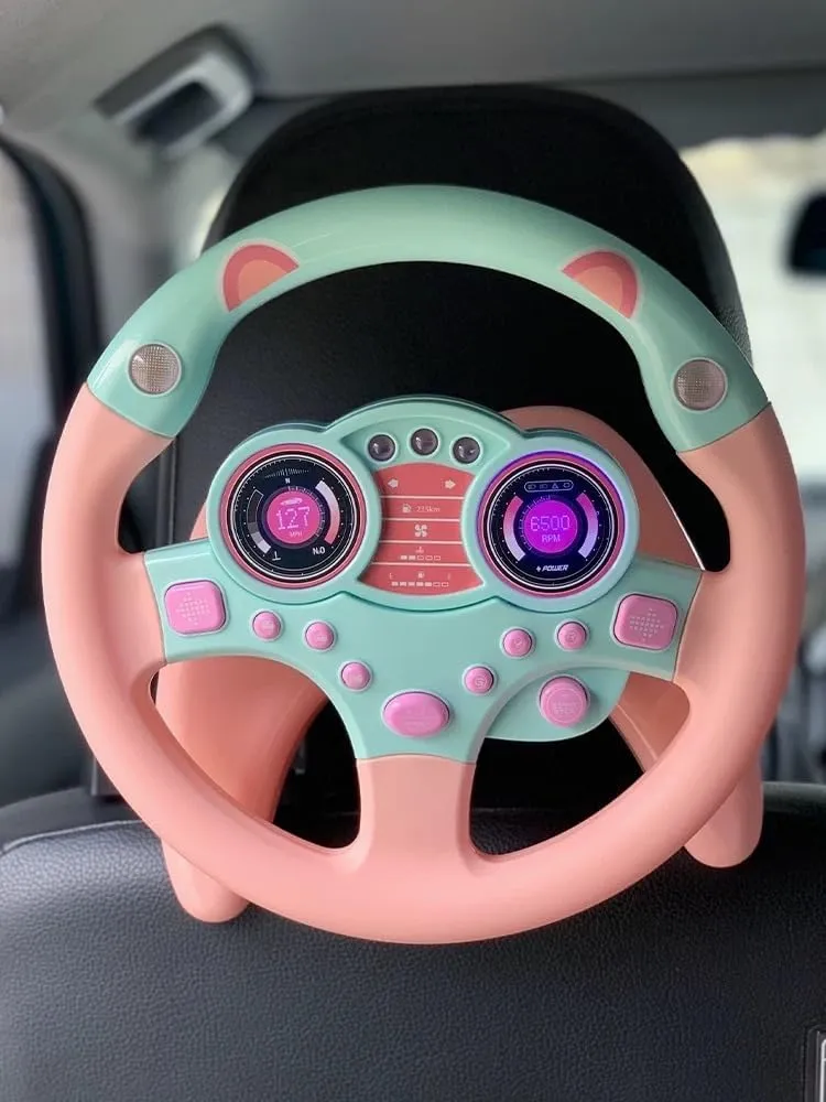 Baby Steering Wheel Toy, Kids Steering Wheel for Car Backseat a Variety of Car Sound Effects to Develop Baby's Auditory Skills. (Pink)