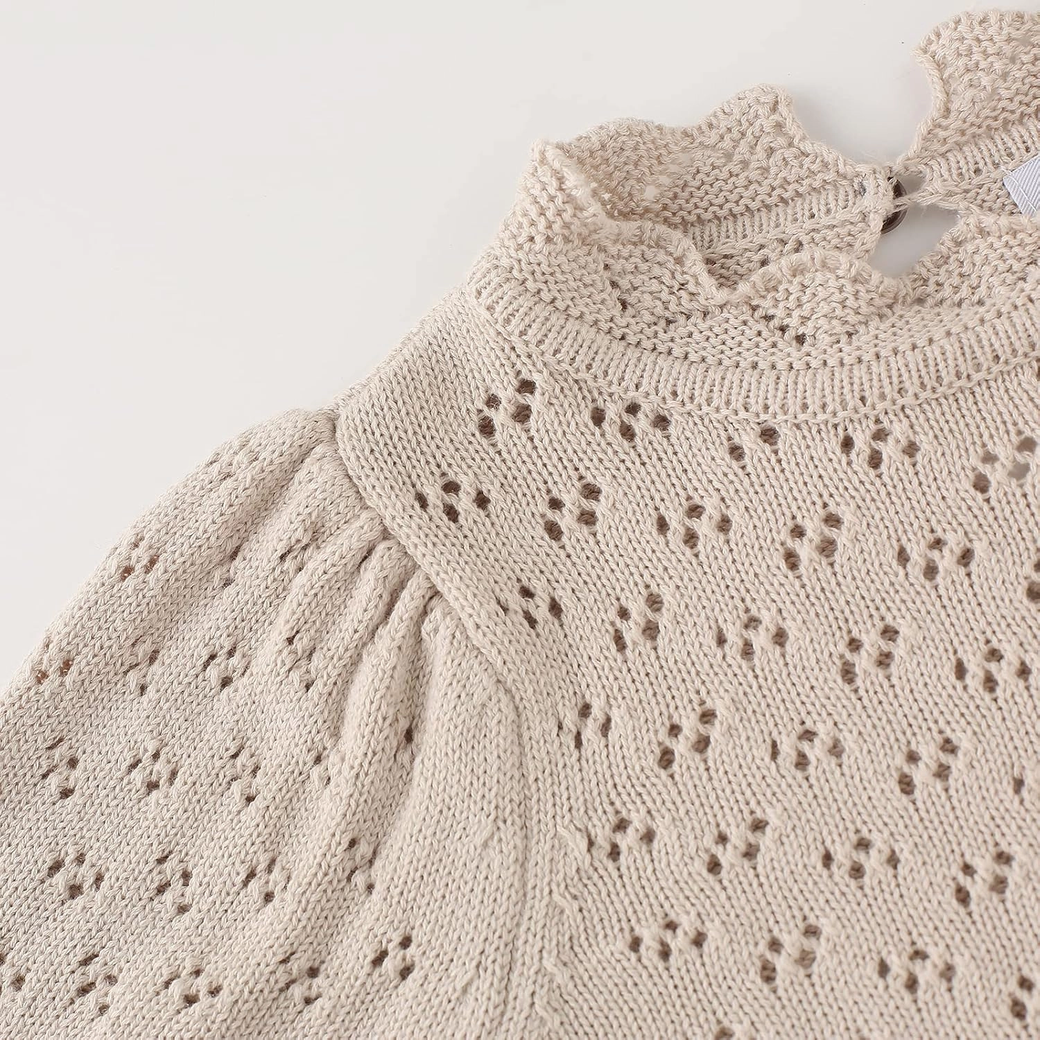 Baby Girls Lace Sweater Toddler Cotton Knit Pullovers Kids Crochet Ruffle Lantern Sleeve Blouses Jumper Tops