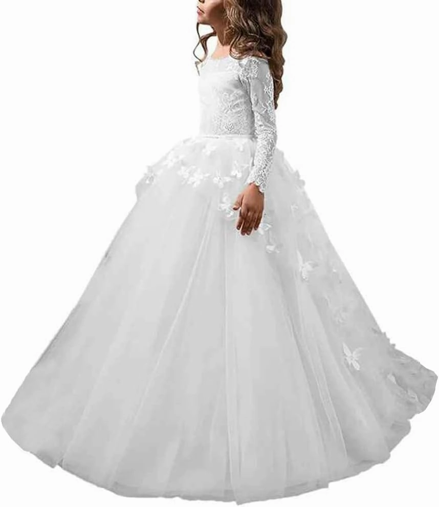 Ball Gown Sweep Brush Train Flower Girl Dress First Communion Cute Prom Dress Lace with Bow(s) Fit 3-16 Years