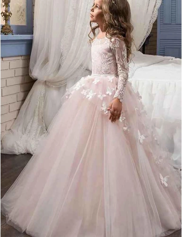 Ball Gown Sweep Brush Train Flower Girl Dress First Communion Cute Prom Dress Lace with Bow(s) Fit 3-16 Years
