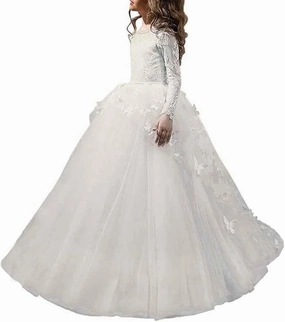 Ball Gown Sweep Brush Train Flower Girl Dress First Communion Cute Prom Dress Lace with Bow(s) Fit 3-16 Years