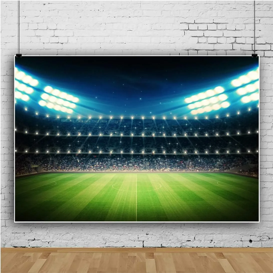 Baocicco 10x7ft Empty Football Playground Stadium Backdrop Photography Background Stadium Spotlight Football Green Grassland Sport Field Shiny Lights Theme Vinyl Photo Studio Props