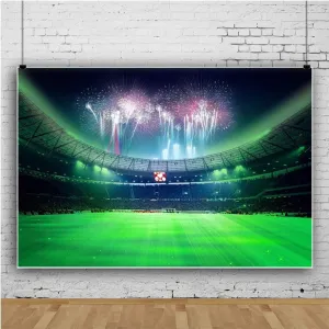 Baocicco 10x7ft Firworks Empty Football Playground Stadium Backdrop Photography Background Stadium Spotlight Football Green Grassland Sport Field Shiny Lights Theme Vinyl Photo Studio Props