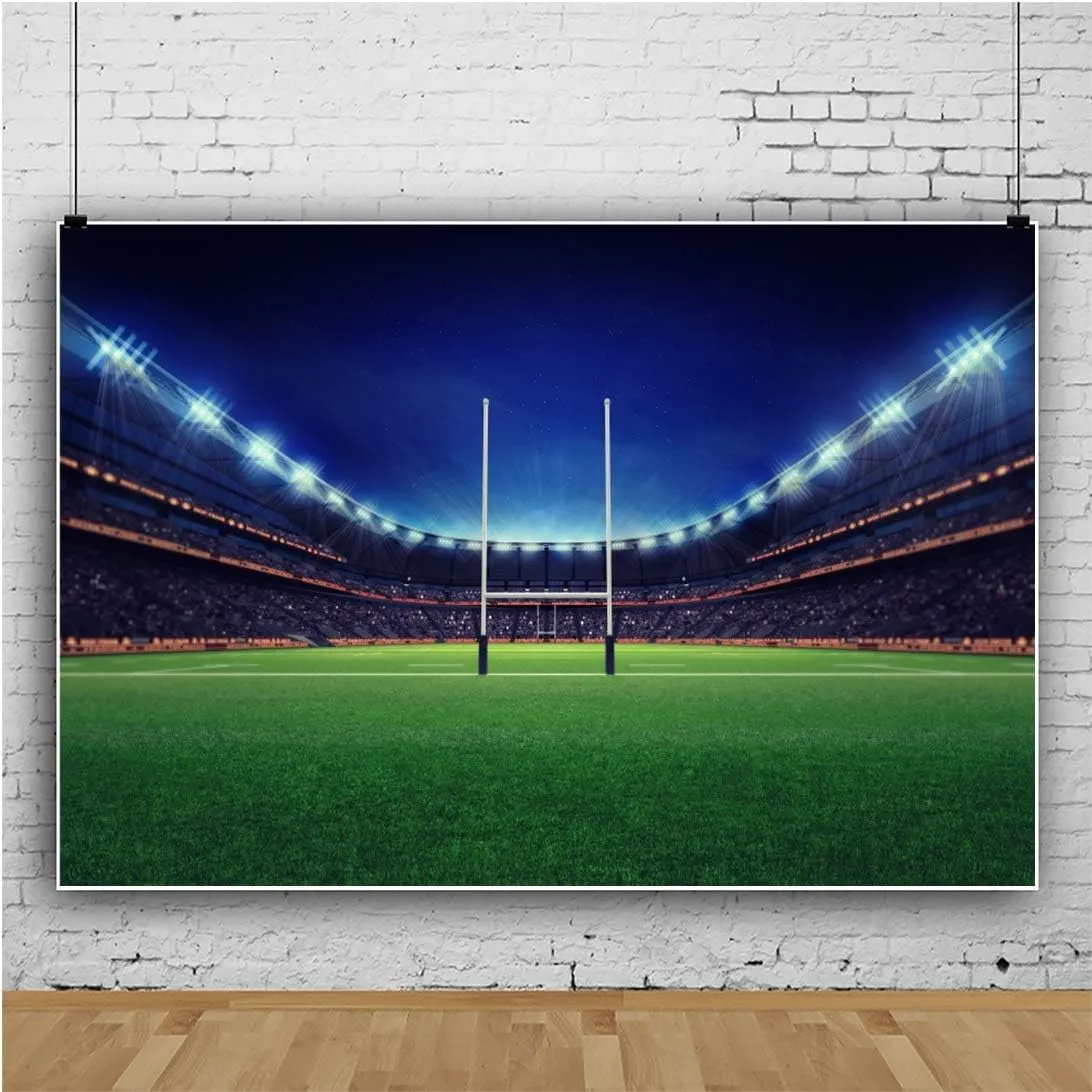 Baocicco 12x10ft Empty American Football Playground Stadium Photography Backdrop Background Football Stadium Backdrop Green Grassland Stadium Spotlight Shiny Lights Vinyl Photo Studio Props