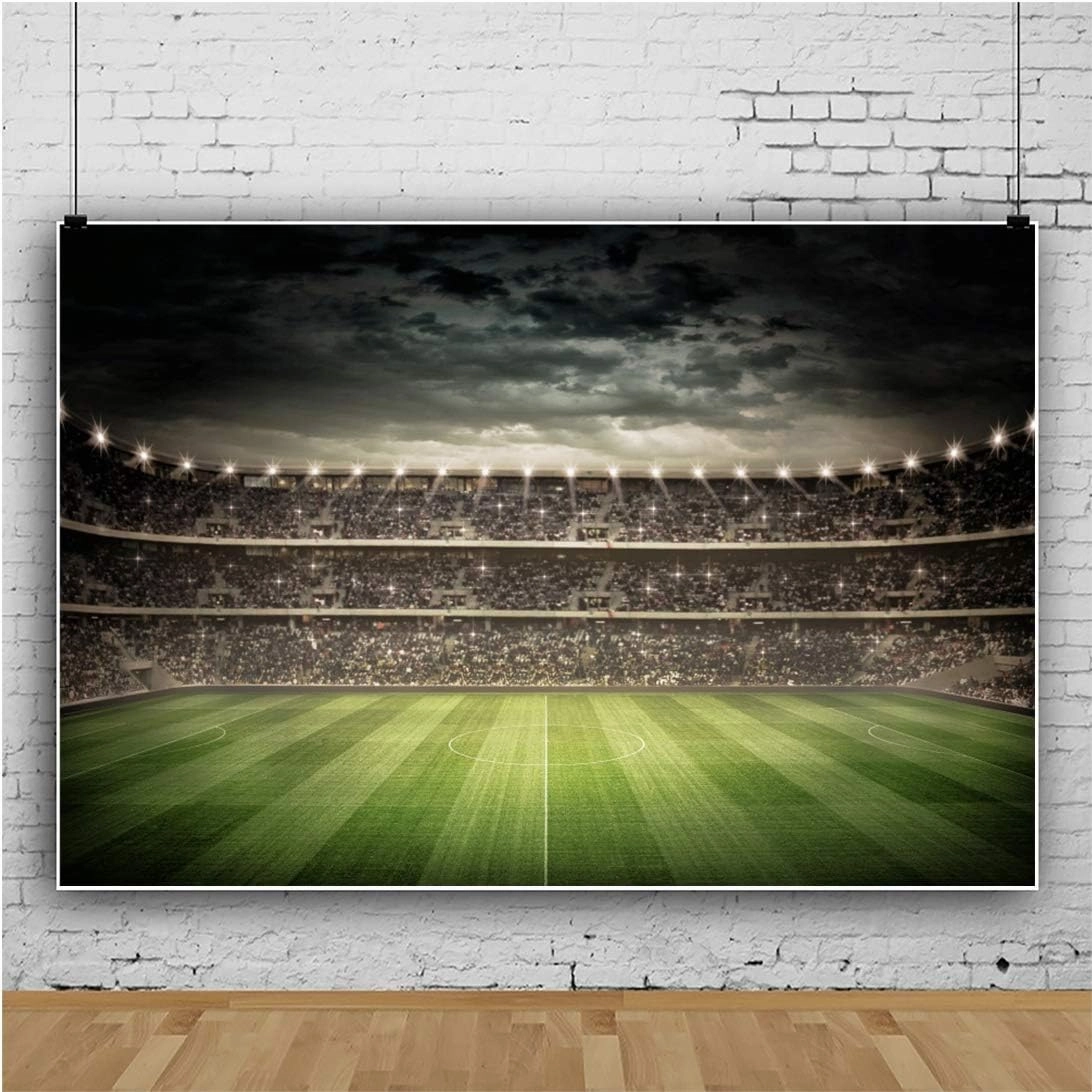 Baocicco 10x7ft Empty Football Playground Stadium Backdrop Photography Background Stadium Spotlight Football Green Grassland Sport Field Shiny Lights Sports Theme Vinyl Photo Studio Props