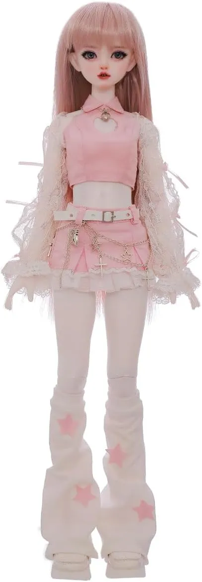 Bariy 1/4 Bjd Doll Girl Pink Skirt Cute Style Long Straight Hair Ball Jointed Doll Full Set for 15  Year Old