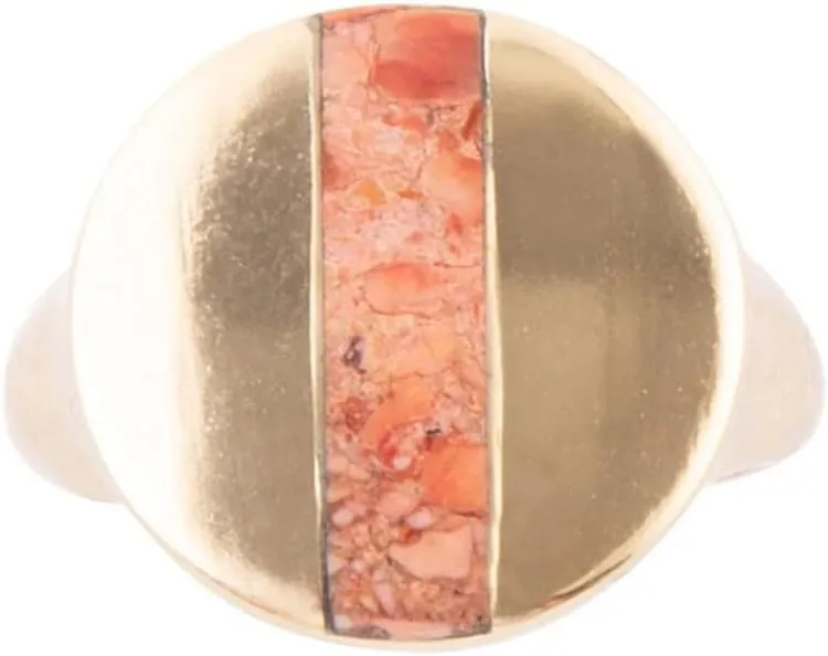 Barse Jewelry Signet Orange Sponge Coral and Golden Circle Ring