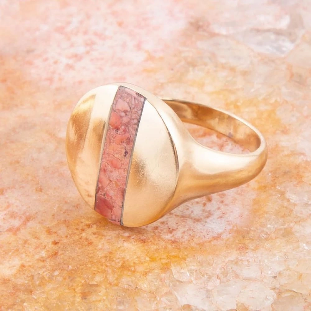 Barse Jewelry Signet Orange Sponge Coral and Golden Circle Ring
