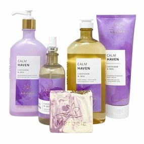 Bath & Body Works Aroma Calm Haven Lavender & Iris 4 Piece Gift Set - Body Cream - Essential Oil Mist - Body Lotion - Body Wash   Foam Bath - with a Lavender Dream Bar Soap - Full Size