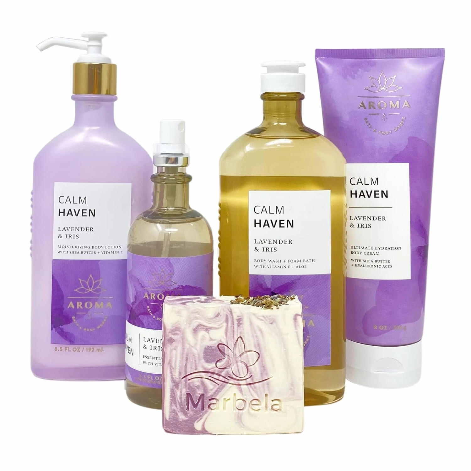 Bath & Body Works Aroma Calm Haven Lavender & Iris 4 Piece Gift Set - Body Cream - Essential Oil Mist - Body Lotion - Body Wash   Foam Bath - with a Lavender Dream Bar Soap - Full Size