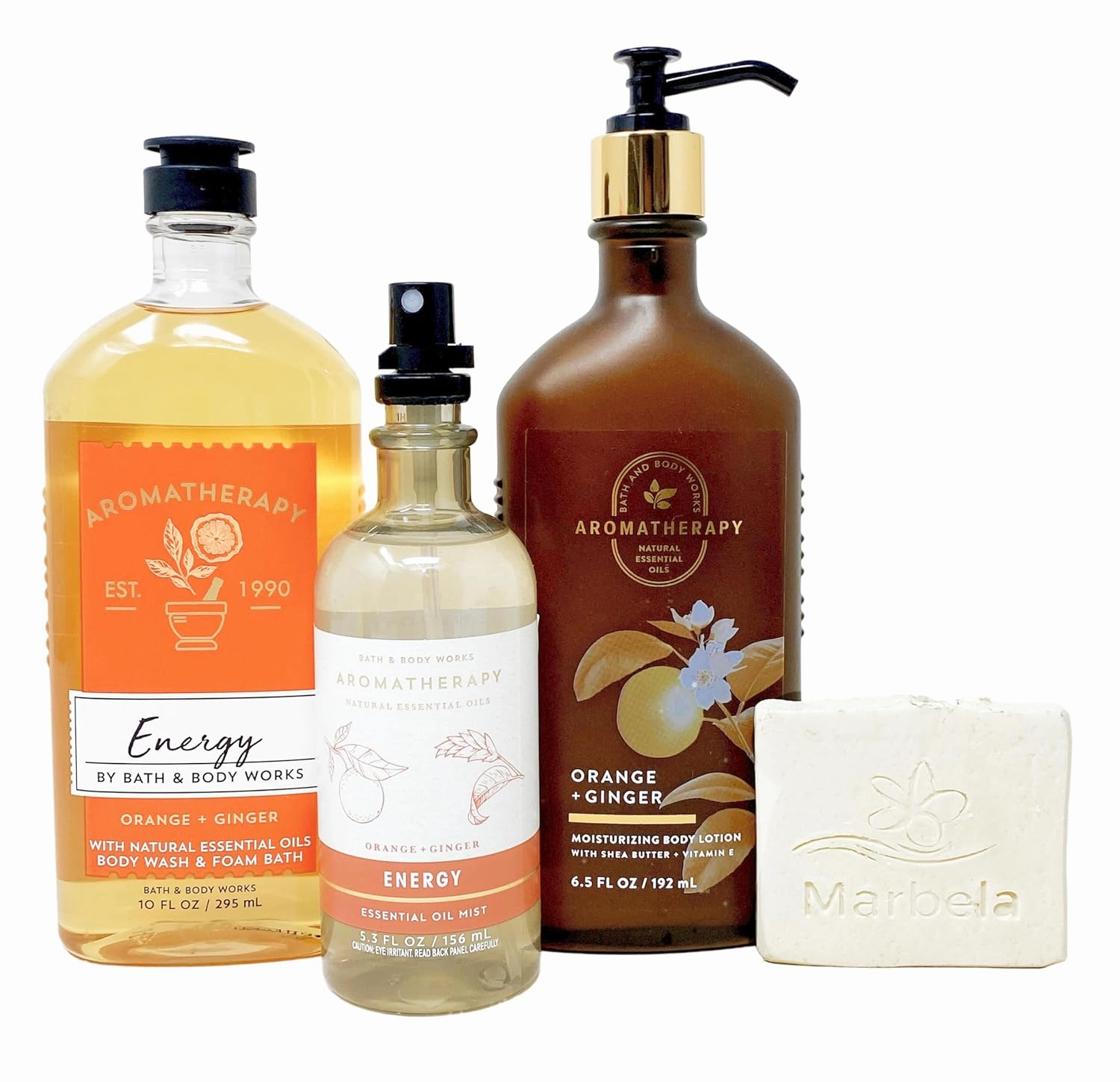 Bath & Body Works Aromatherapy Energy Orange & Ginger - Trio Gift Set - Body Wash, Body Lotion and Essential Oil Pillow Mist With a Natural Oats Sample Soap.