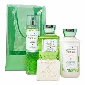 Bath & Body Works Gingham Fresh 4 Piece Gift Bag Set - Fragrance Mist - Body Lotion - Shower Gel - with a Natural Oats Bar Soap - Full Size