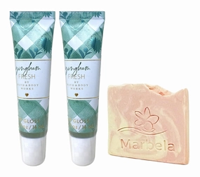 Bath & Body Works Gingham Fresh Lip Gloss 2 Piece Set with a Himalayan Salts Springs Sample Soap