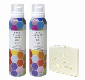 Bath & Body Works Love Always Wins 2 Pack Shimmer Fizz Body Lotion Set with a Natural Oats Sample Soap