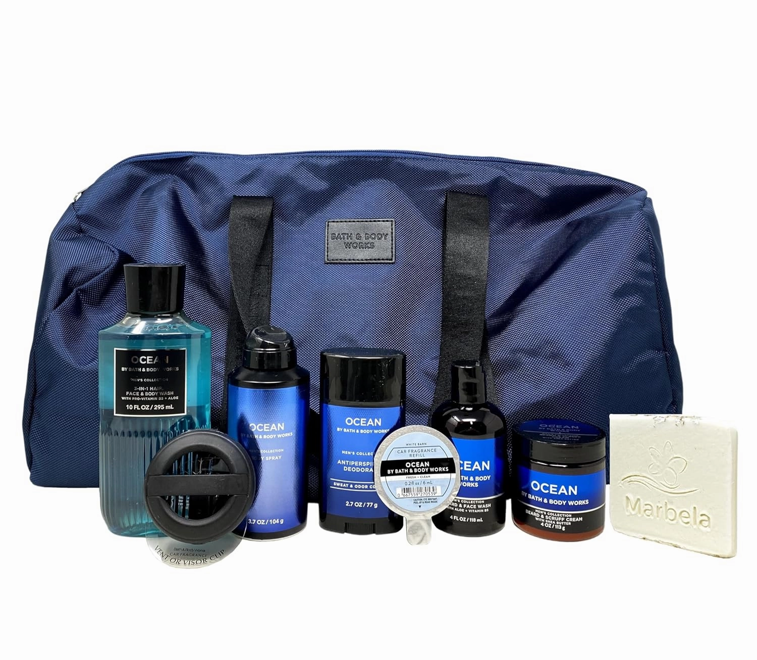 Bath & Body Works Men's Collection Ocean Duffle Bag 7 Piece Gift Set with a Natural Oats Sample Soap