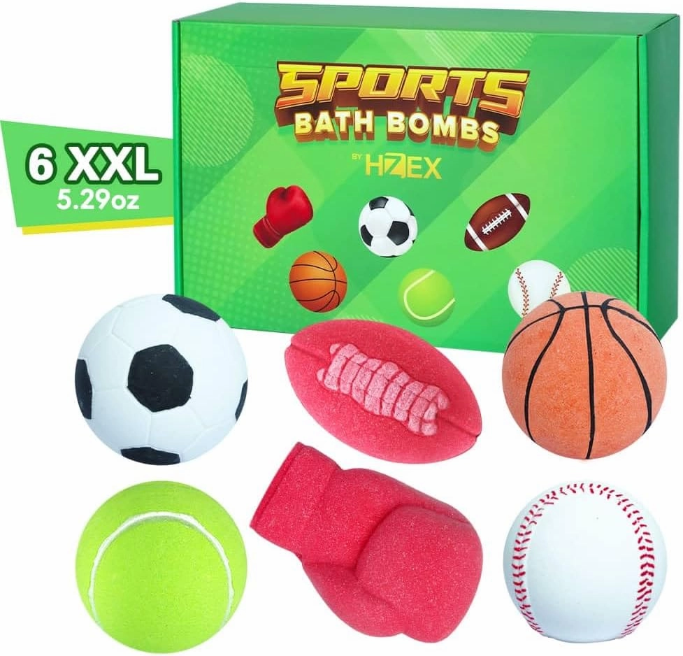 Bath Bombs for Kids, Extra Large Sports Bathbomb Set with 6 Sports Themes, All Natural Bath Bomb for Women and Men, Surpise Inside Every Box of Bathbombs, Lasting Bath Fizzies for The Entire Family