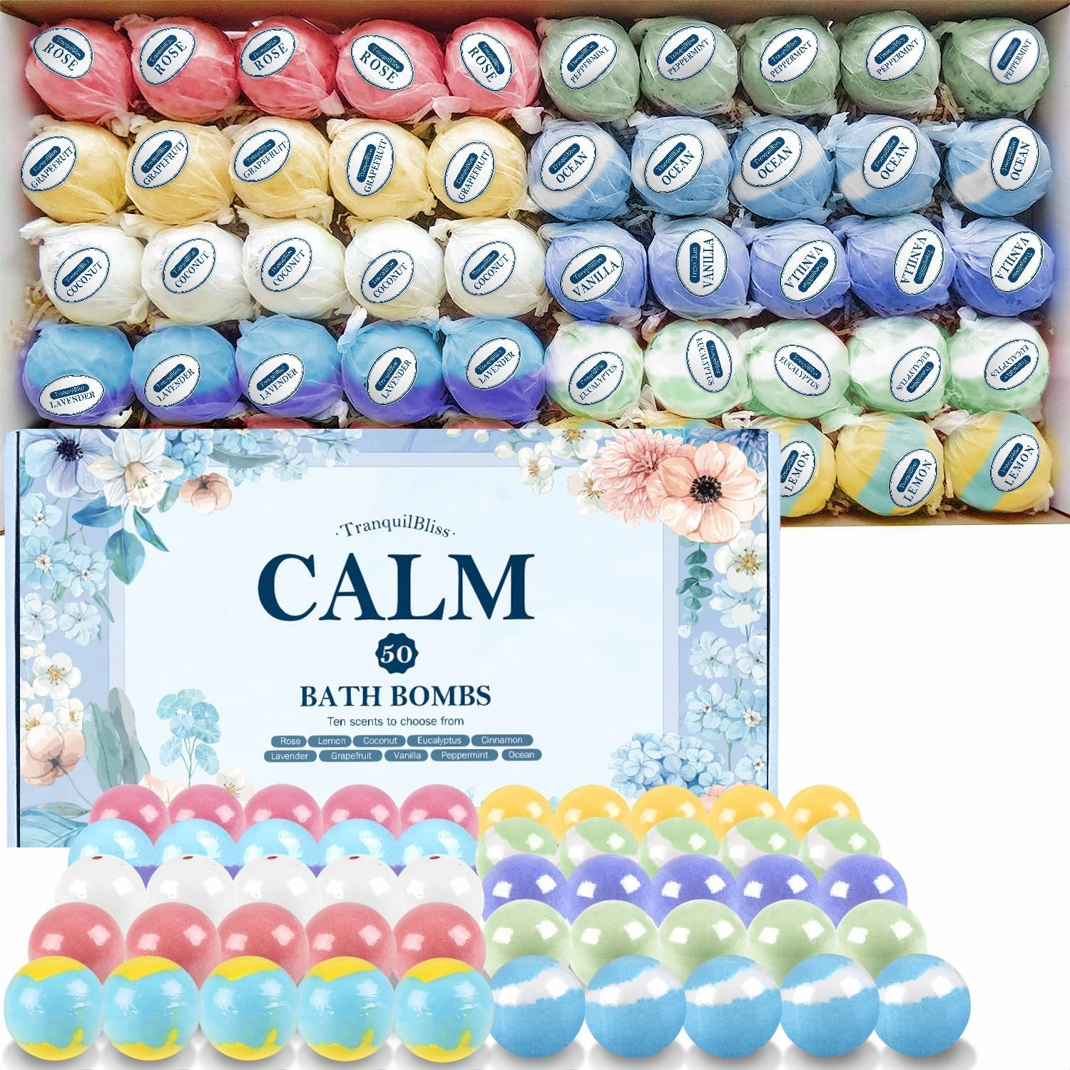 Bath Bombs Set 50 PCS with 10 Rich Scents, Bath Bombs for Women, Natural Bubble Bombs with Shea Butter & Safe Oil, Ideal for Christmas, Birthday, Valentine's Day, Mother's Day Present