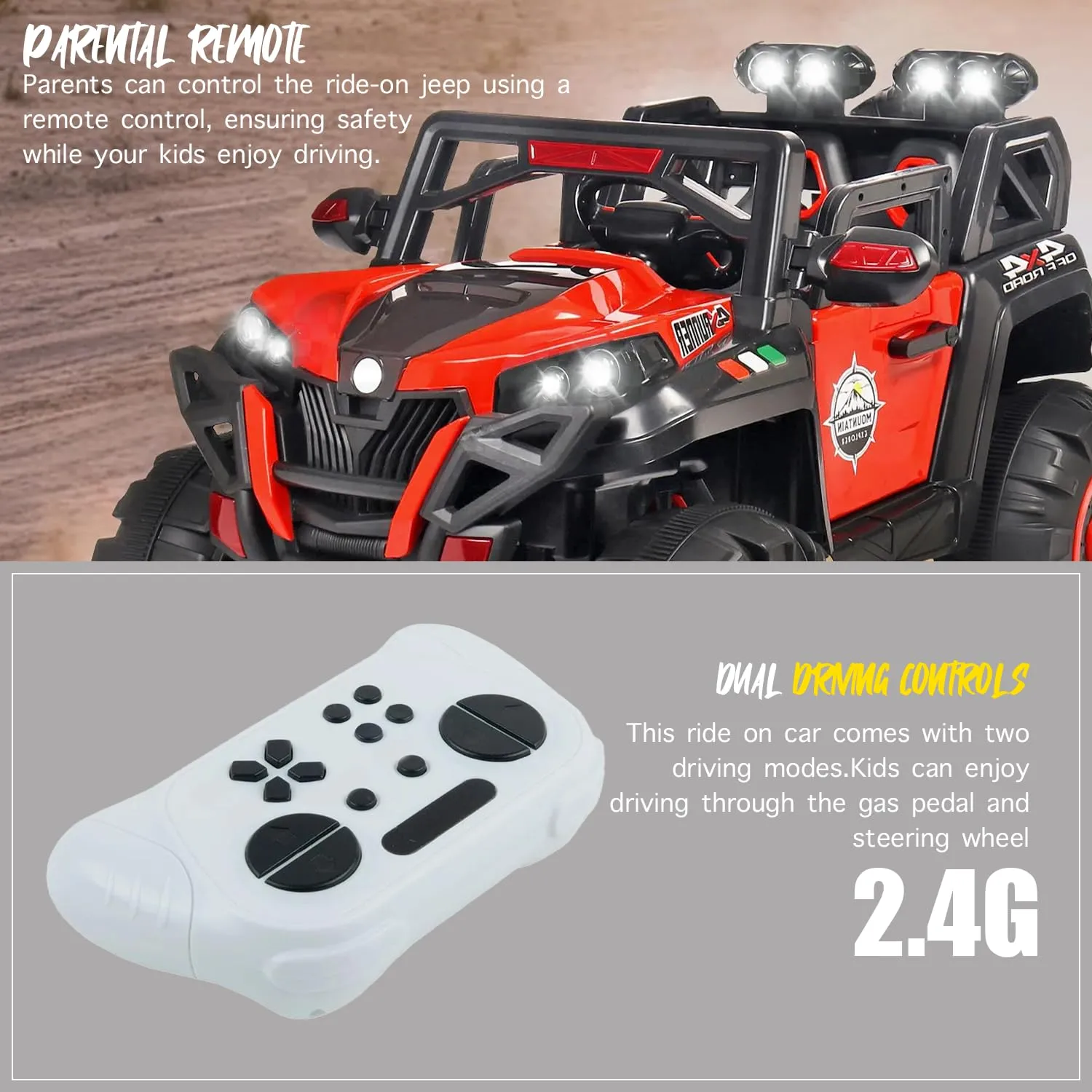 Battery Operated 4x4 Jeep for Kids, Ride on Toy Kids Car with Light & Music & 1 to 9 Years Boys Girls (Red)