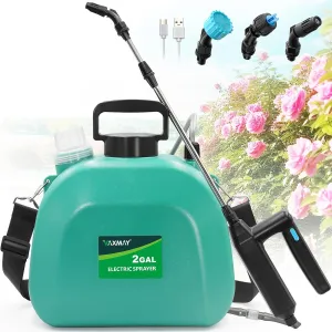 Battery Powered Sprayer 2 Gallon, Upgrade Powerful Electric Garden Sprayer with 3 Mist Nozzles, Rechargeable Handle, Retractable Wand, Adjustable Shoulder Strap for Lawn,Garden,Cleaning