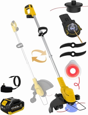 Battery Powered Weed Wacker 094 Two-Durable-Line Metal Blades, Super Brushless Motor, 4-in-1 Cordless Weed Eater String Trimmer Wheel Edger Lawn Tool Cutter,Weed Whacker(One 4.0Ah Battery)
