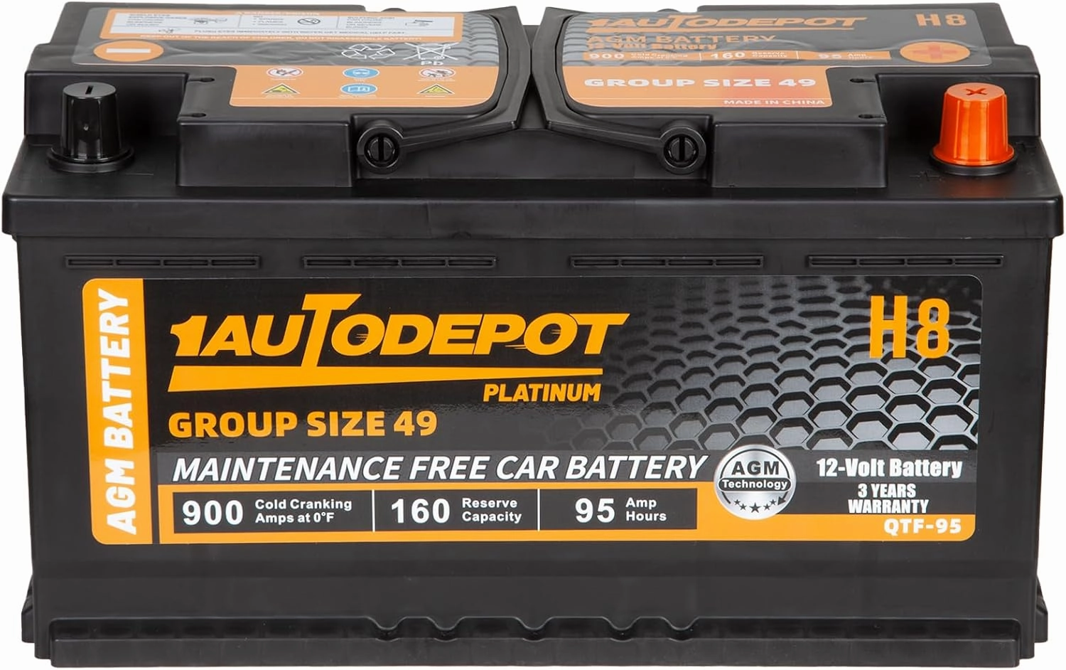 BCI Group 49 Car Battery, 12V 95Ah Size H8 Automotive Battery Premium Maintenance Free AGM Batteries, 900CCA, 160RC