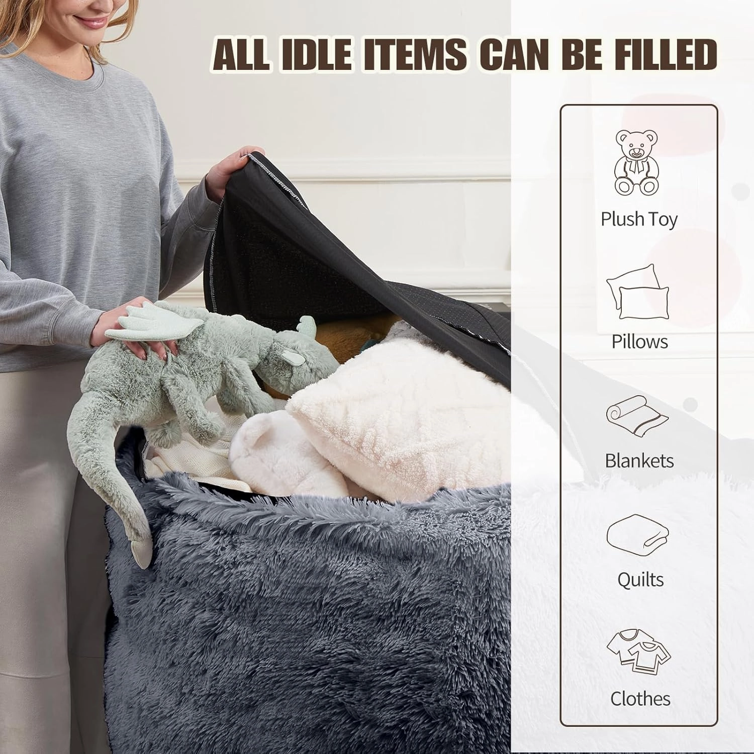 Bean Bag for Stuffed Animals Storage Covers Only, Furry Comfy Stuffy Reading Chair with Side Pocket Handle, Machine Washable Bing Bag chair Cover