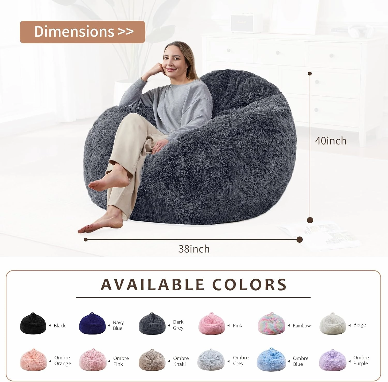 Bean Bag for Stuffed Animals Storage Covers Only, Furry Comfy Stuffy Reading Chair with Side Pocket Handle, Machine Washable Bing Bag chair Cover