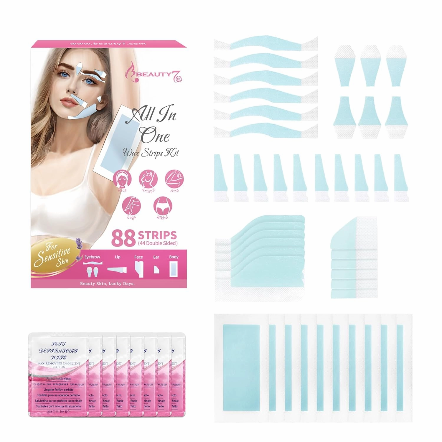 Beauty7 Eyebrow Wax Strips, 88pcs All in One Body Wax Strips, Lip Waxing Strip, Bikini Legs Arms Facial Wax Strip, Hair Removal with 8 Calming Oil Wipes, for All Skin Types Women