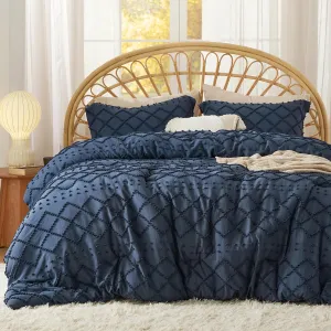 Bedsure Queen Comforter Set - Navy Blue Comforter, Boho Tufted Shabby Chic Bedding, 3 Pieces Vintage Farmhouse Bed Set for All Seasons, Fluffy Soft Bedding with 2 Pillow Shams