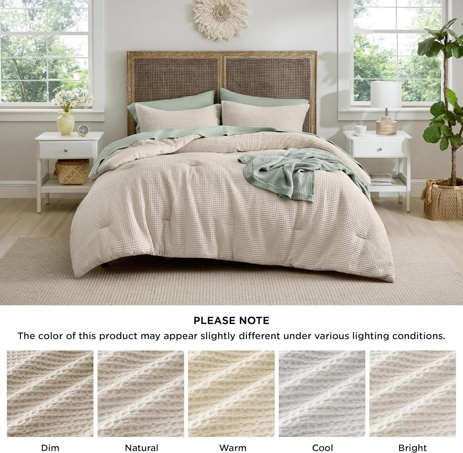 Bedsure Waffle Comforter Set Queen, Beige Soft Cotton Bedding, Waffle Weave Bed Set, 3 Pieces, 1 Comforter (90"x90") and 2 Pillow Shams, Premium Cotton Cover with Polyester Fill for All Seasons
