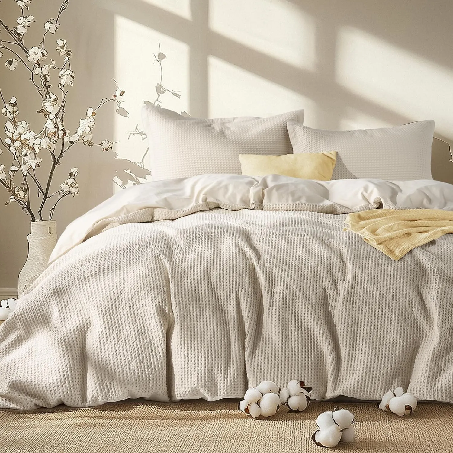 Bedsure Waffle Comforter Set Queen, Beige Soft Cotton Bedding, Waffle Weave Bed Set, 3 Pieces, 1 Comforter (90"x90") and 2 Pillow Shams, Premium Cotton Cover with Polyester Fill for All Seasons