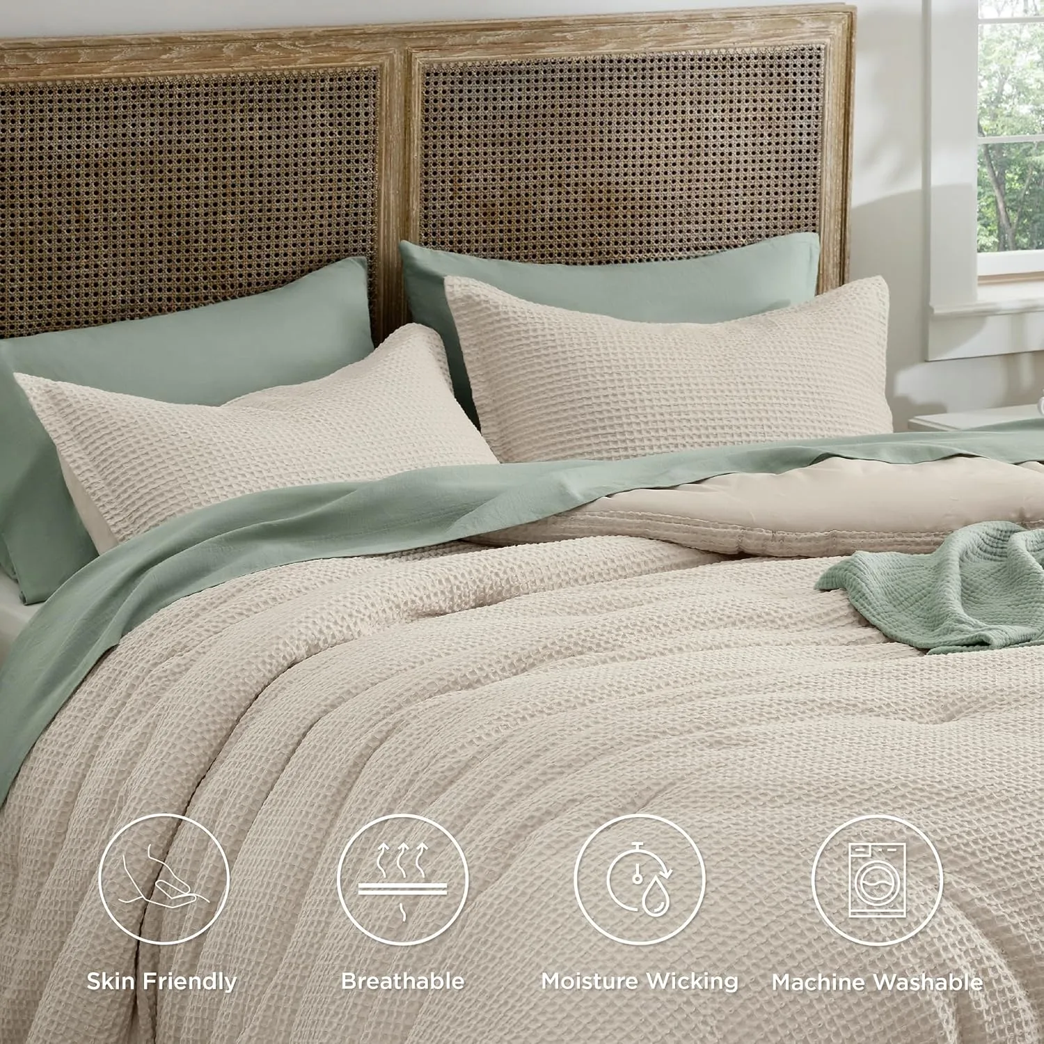 Bedsure Waffle Comforter Set Queen, Beige Soft Cotton Bedding, Waffle Weave Bed Set, 3 Pieces, 1 Comforter (90"x90") and 2 Pillow Shams, Premium Cotton Cover with Polyester Fill for All Seasons